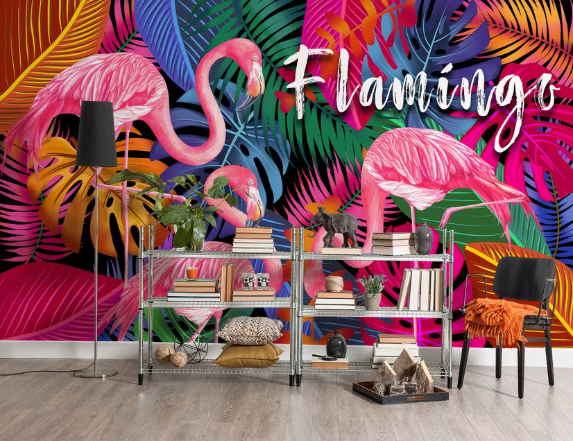 Pink Flamingo with Colorful Leaf Wallpaper Mural
