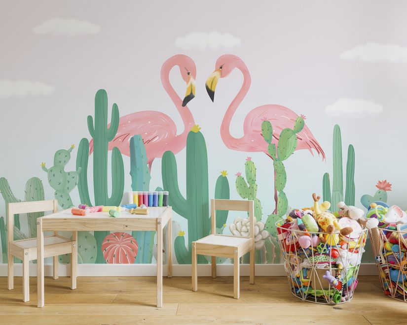 Flamingo with Cactus Wallpaper Mural