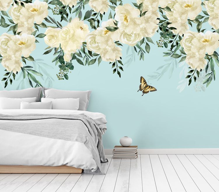 White Flowers and Yellow Butterfly Wallpaper Mural