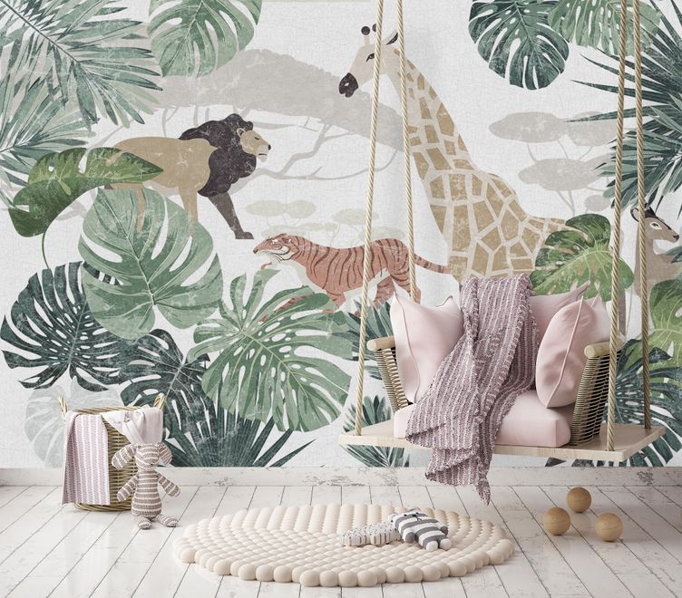 Retro Wild Animals with Tropical Leaves Wallpaper Mural