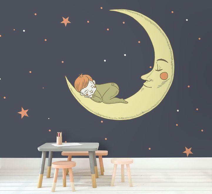 Cartoon Moon with Little Child and Night Sky Wallpaper Mural