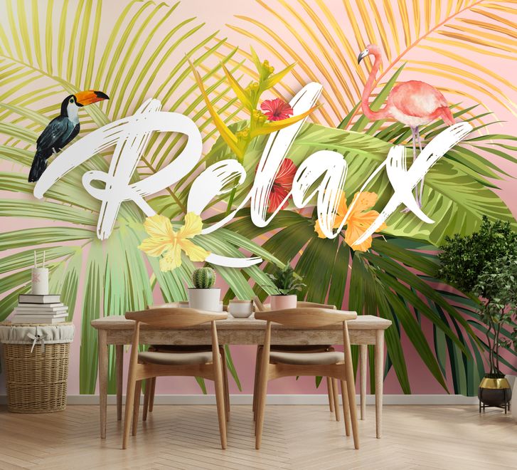 Pink Flamingo with Colorful Tropical Leaves Wallpaper Mural