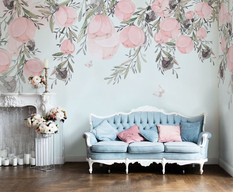 Vintage Pink Vine Flowers Wallpaper Mural