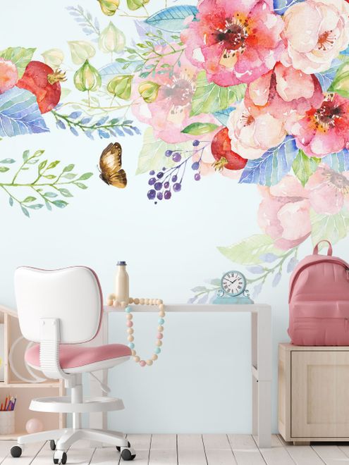 Pink Boho Vine Florals Wallpaper Mural