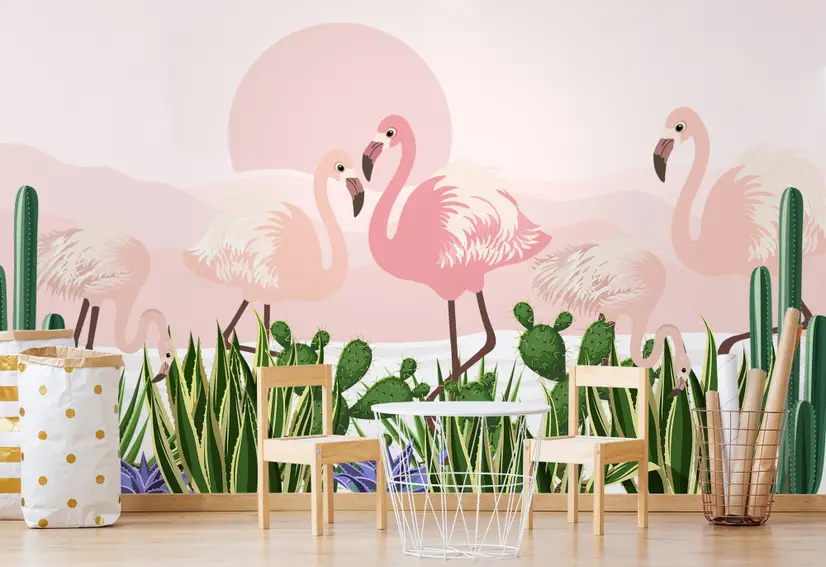 Flamingo with Cactus Wallpaper Mural