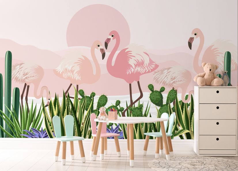 Flamingo with Cactus Wallpaper Mural