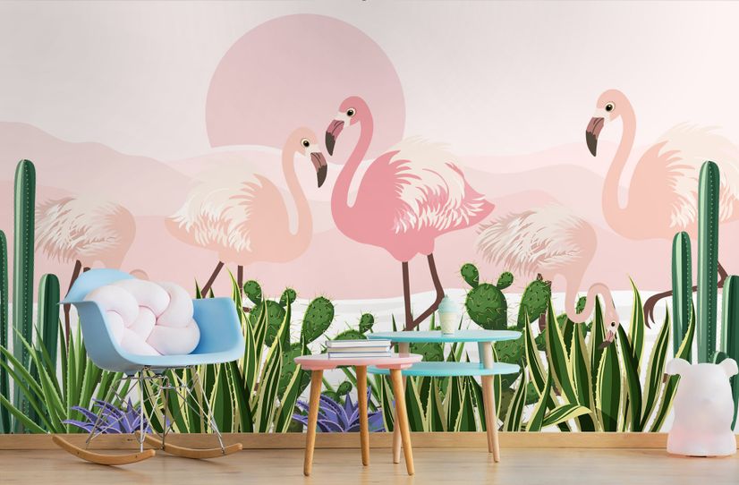 Flamingo with Cactus Wallpaper Mural