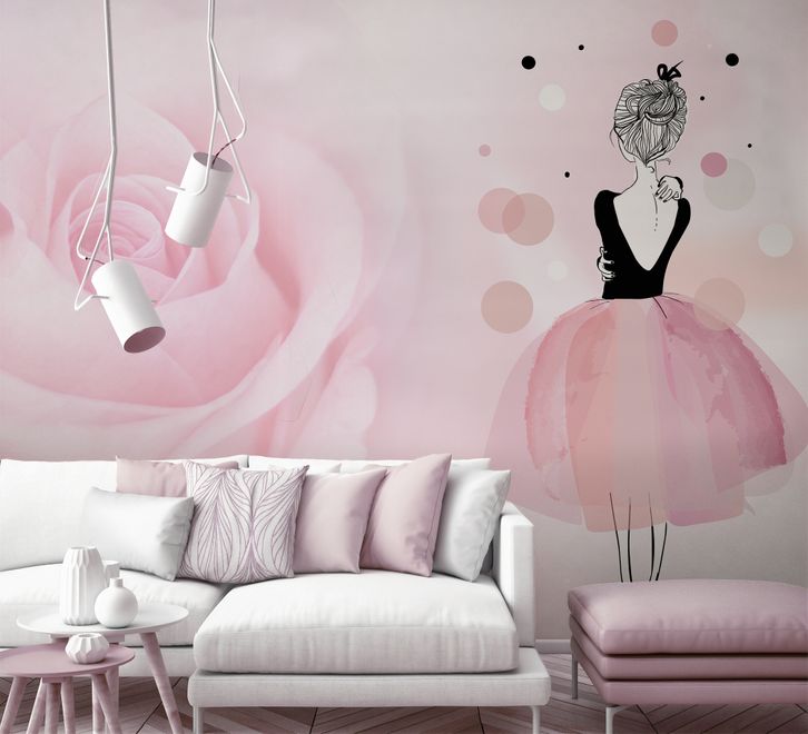 Ballerina Girl and Pink Roses Wallpaper Mural