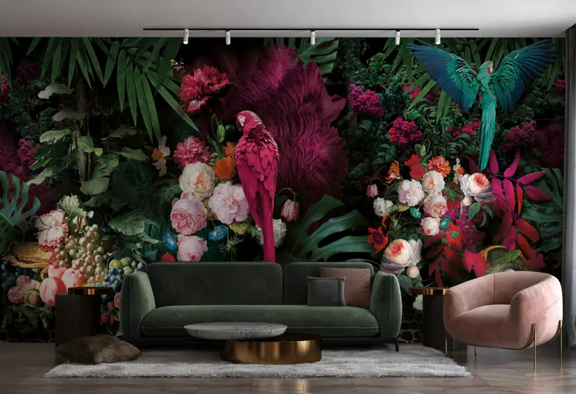 Pink Parrot with Colorful Floral Wallpaper Mural