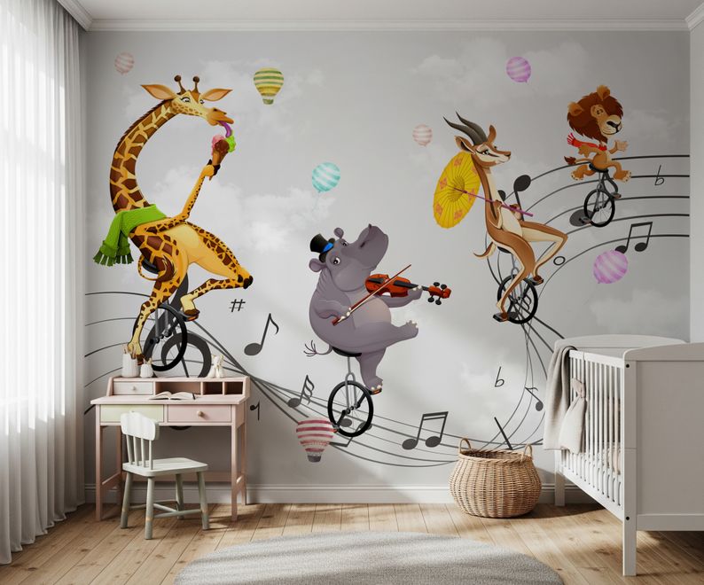 Papier peint animaux de dessins animés et notes de musique