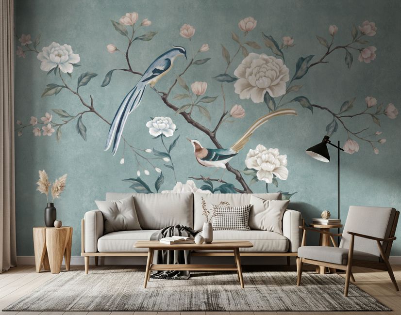 Vintage Peony Floral and Swallow Wallpaper Mural
