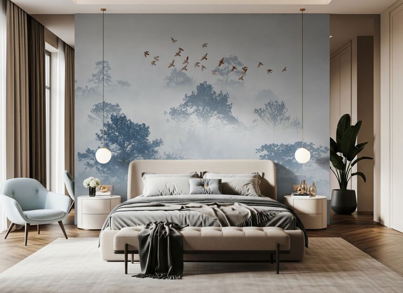 Misty Forest with Birds Wallpaper Mural