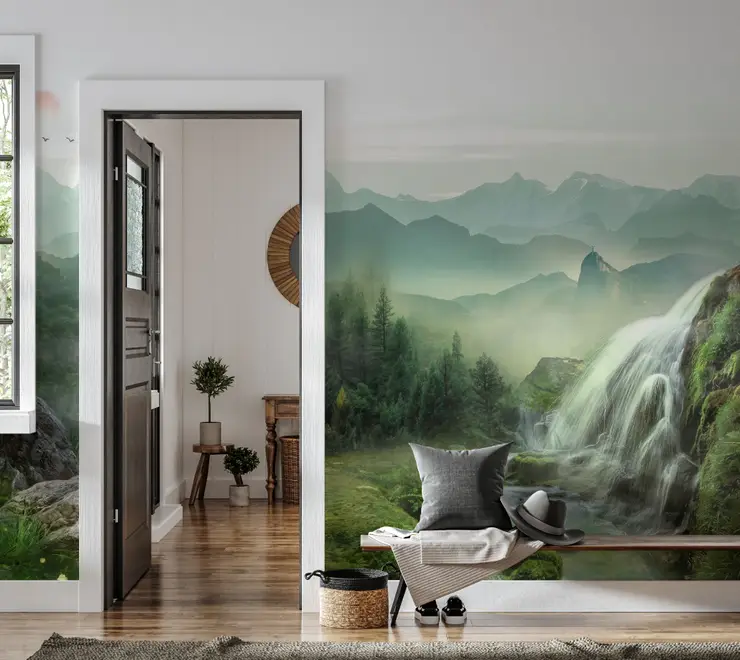 Forest Stream Waterfalls Wall Mural Nature Landscape Photo Wallpaper Bedroom Livingroom Wall Decor Green Mountain Forest shops Art Peel and Stick