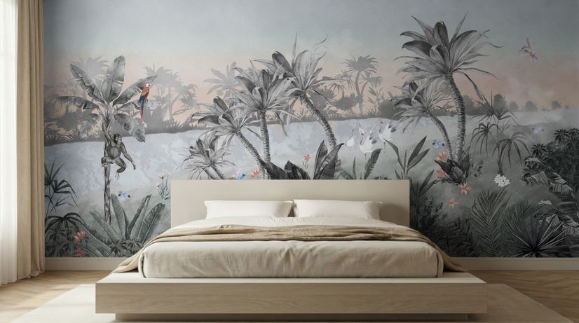 Colorful Parrot and Cute Monkey with Soft Forest Wallpaper Mural