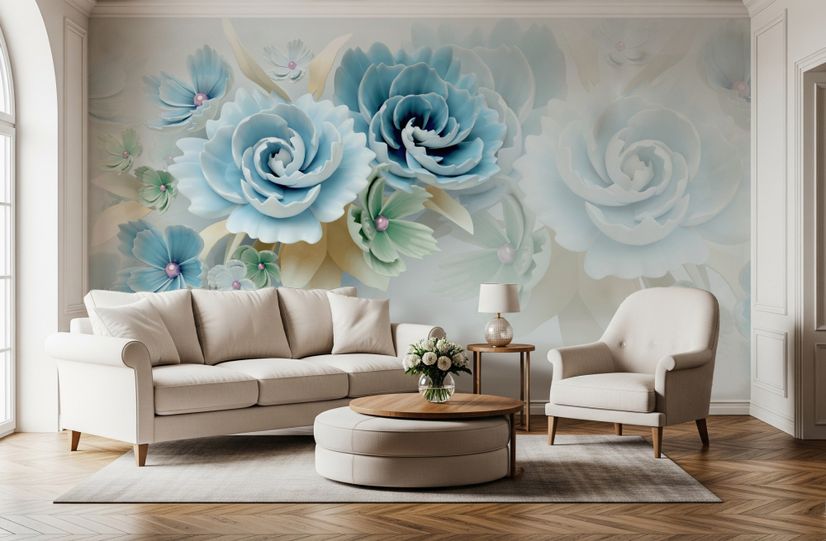 European Style 3D Blue Green Floral Wallpaper Mural