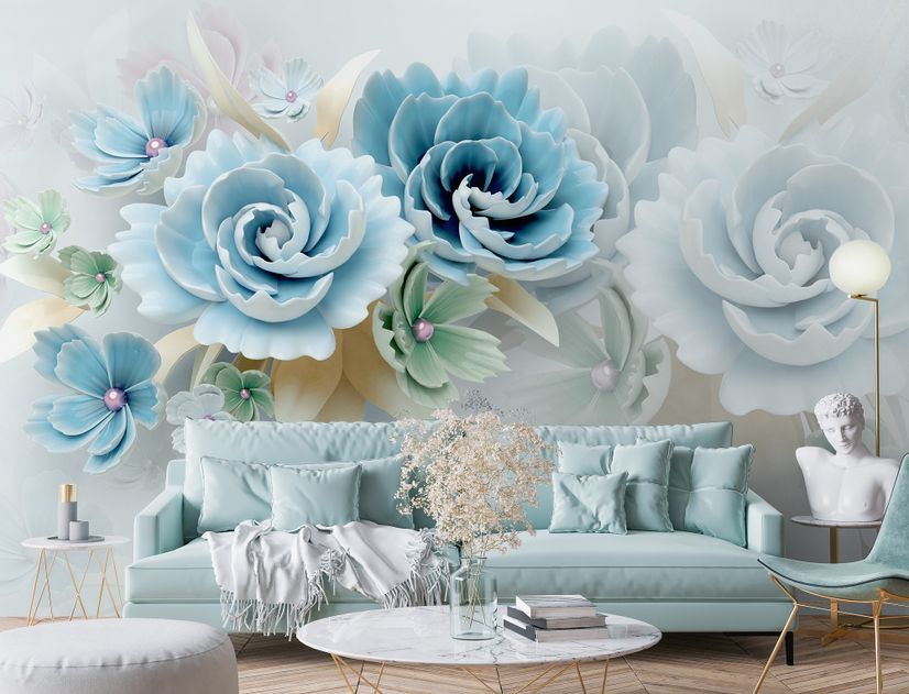 European Style 3D Blue Green Floral Wallpaper Mural