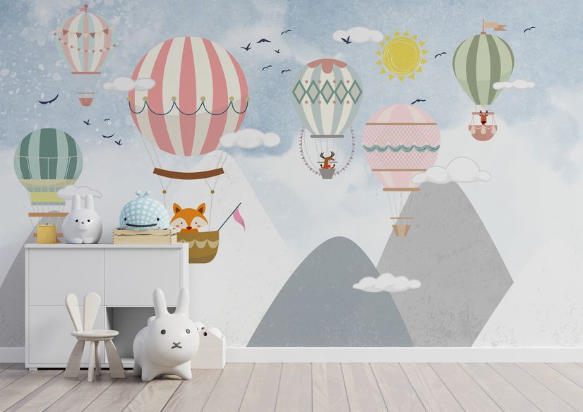 Kids Cartoon Mountain Landscape and Hot Air Balloon Wallpaper Mural