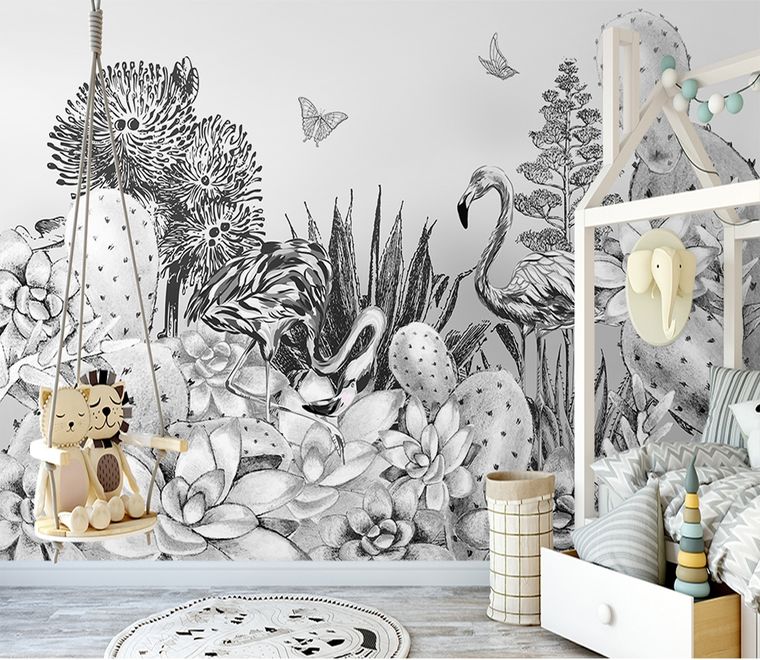 Monochrome Cactus Floral with Flamingo Drawing Wallpaper Mural