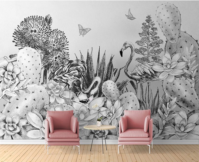 Monochrome Cactus Floral with Flamingo Drawing Wallpaper Mural