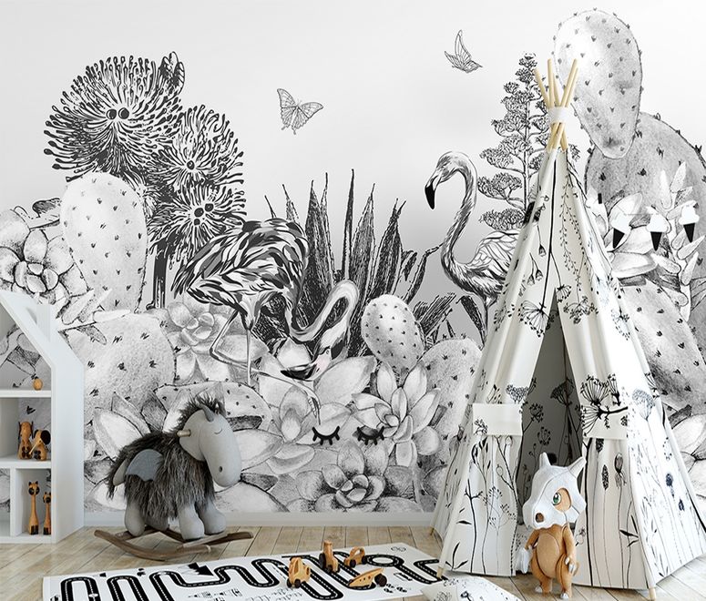 Monochrome Cactus Floral with Flamingo Drawing Wallpaper Mural