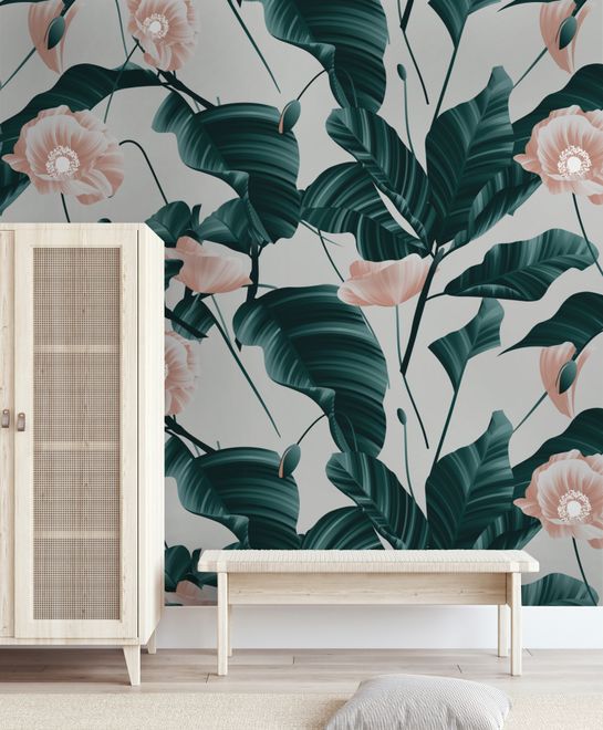 Pink Flower and Leaves Wallpaper Mural