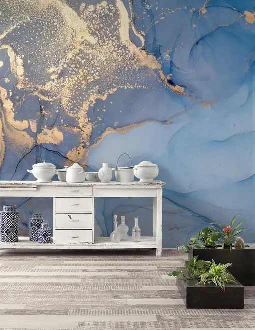 Blue Gold Look Marble with Splash Wallpaper Mural