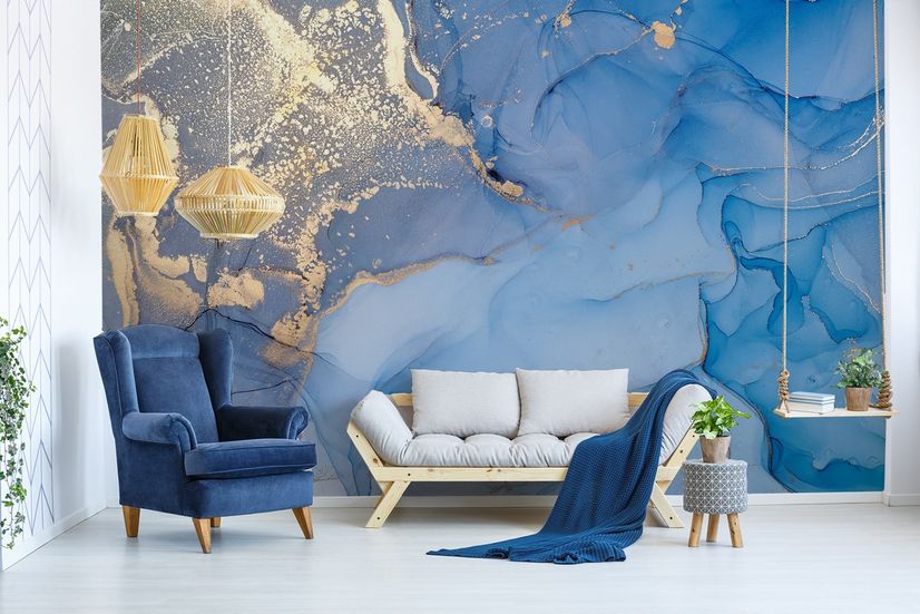 Blue Gold Look Marble with Splash Wallpaper Mural