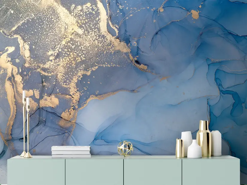 Blue Gold Look Marble with Splash Wallpaper Mural