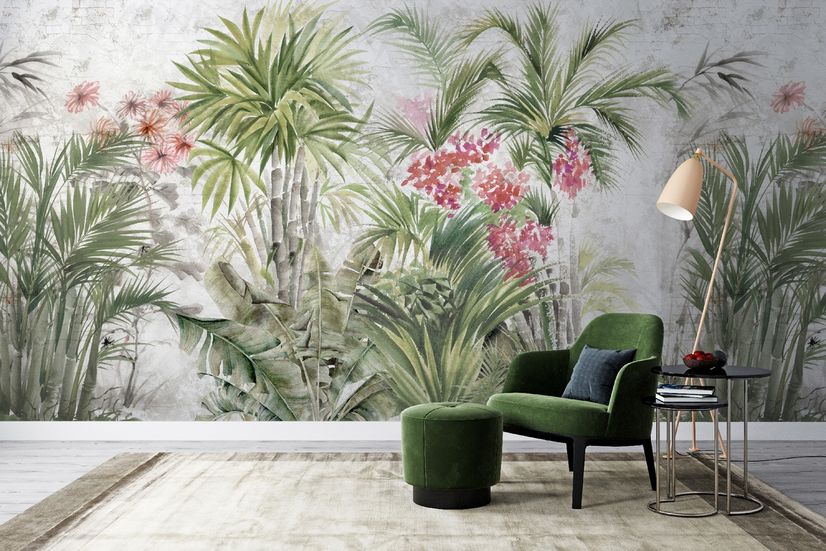Watercolor Tropical Leaf and Flowers Wallpaper Mural
