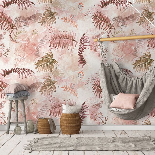 Pink Leaf and Blossom Wallpaper Mural