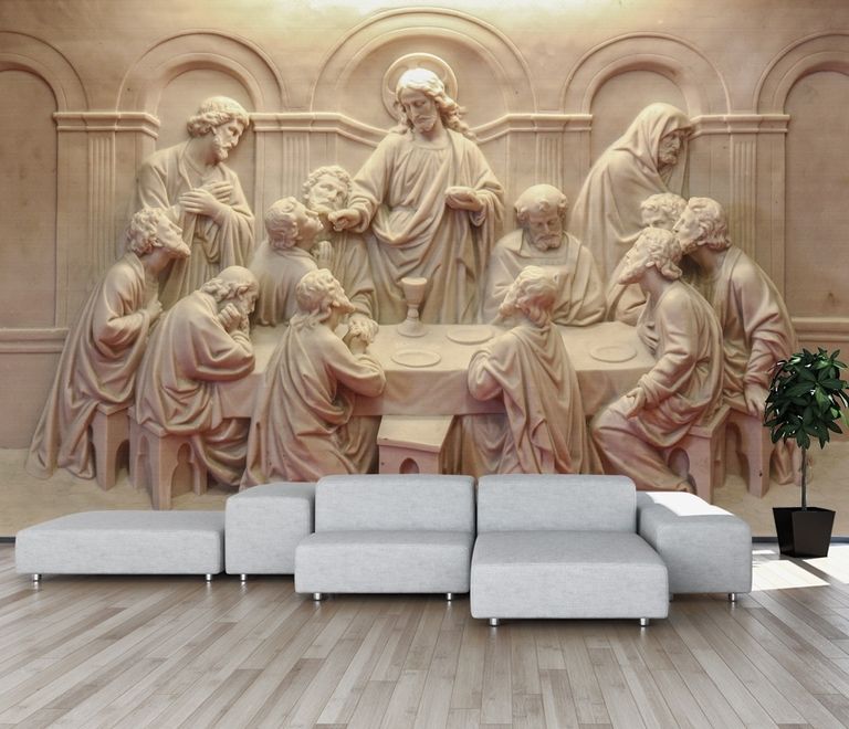 3D Embossed Look Cement Religious Sculpture Wallpaper Mural