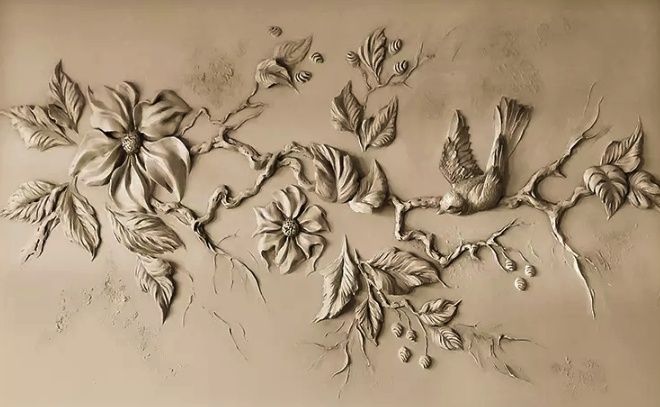 3D Embossed Look Cement Floral Tree Wallpaper Mural