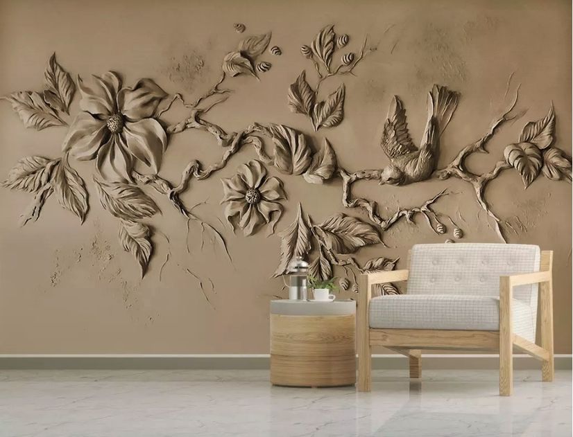 3D Embossed Look Cement Floral Tree Wallpaper Mural