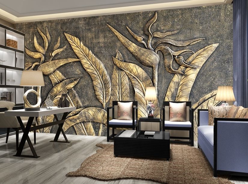 3D Embossed Look Gold Sculpture Wallpaper Mural