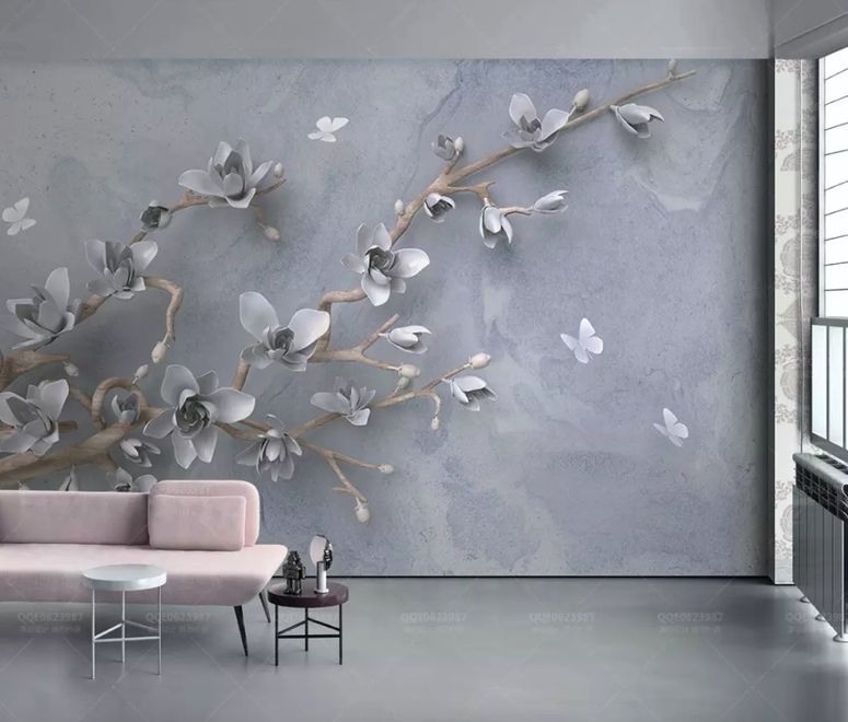 3D Embossed Look Magnolia Blossom and Butterfly Wallpaper Mural