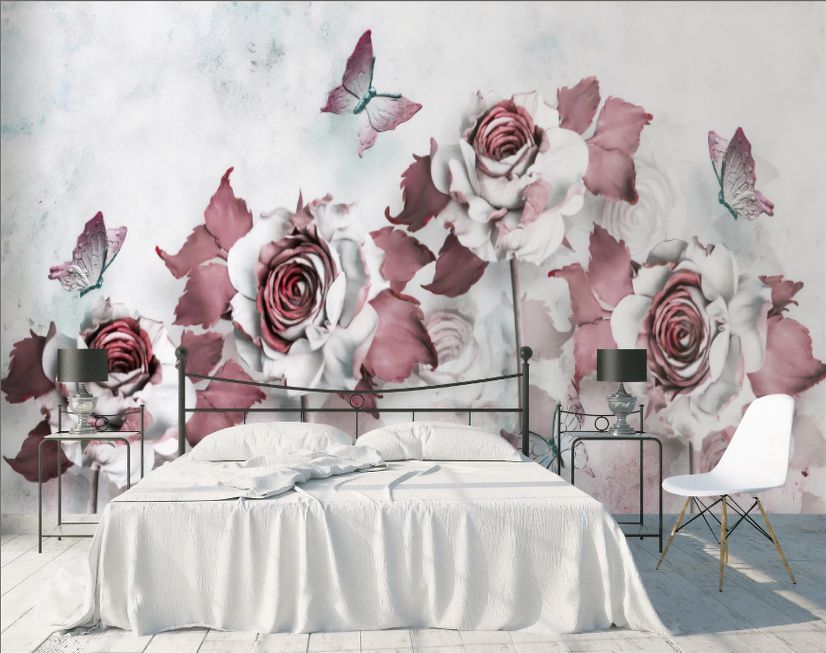 3D Look Floral with Little Butterfly Wallpaper Mural