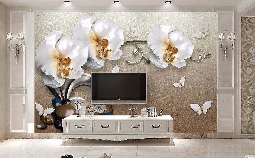 3D Look  Orchid Floral with Pebble Wallpaper Mural