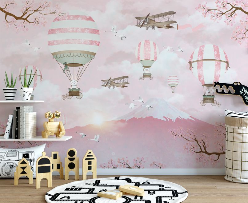 Hot Air Balloon with Pink Mountain Landscape Wallpaper Mural
