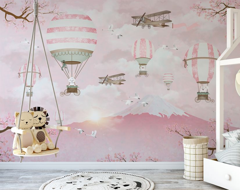 Nursery Soft Blue Gray Mountain Landscape and Little Hot Air Balloons Wall  Decal Sticker • Wallmur®