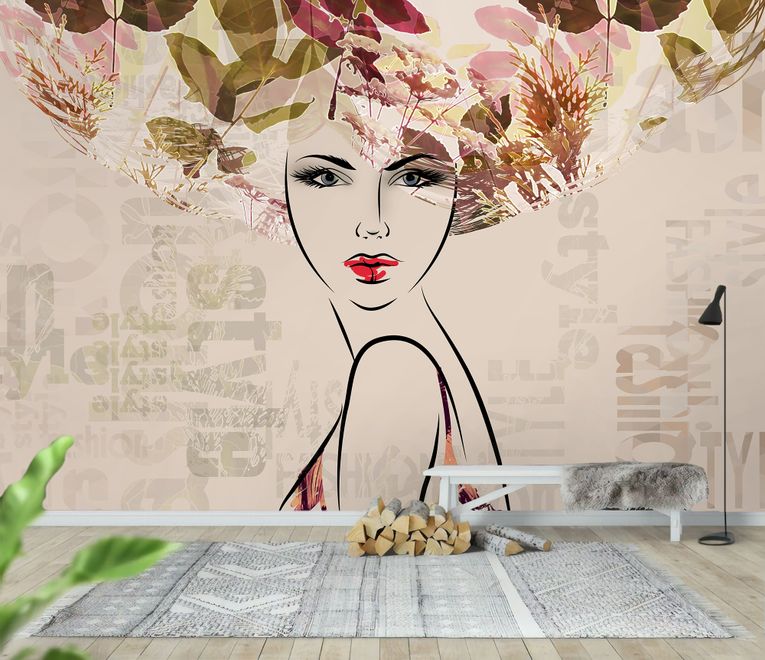 Woman Face Art with Winter Leaf Wallpaper Mural