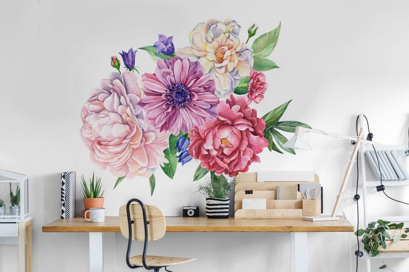 Watercolor Pink Peony Tulip Daisy Floral Bouqet Wall Decal Sticker