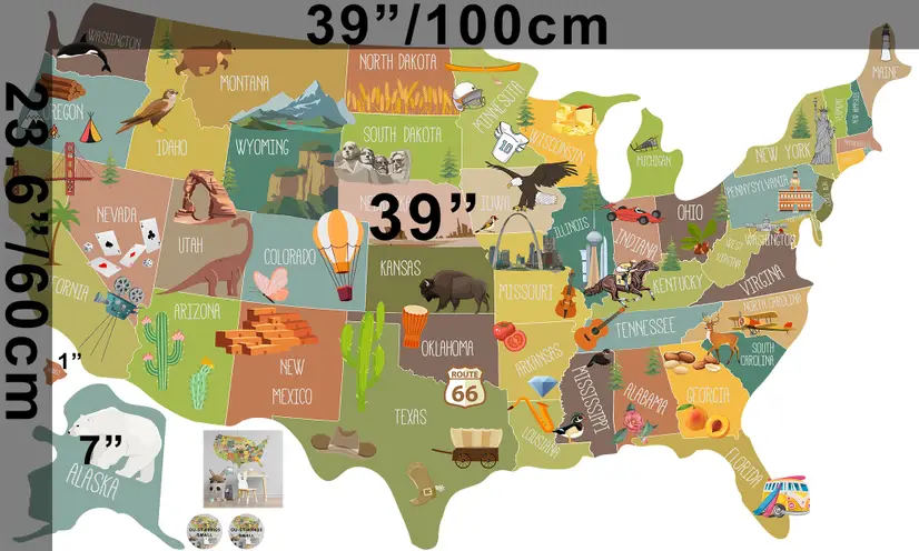United States Map Wall Decal Sticker for Kids Room