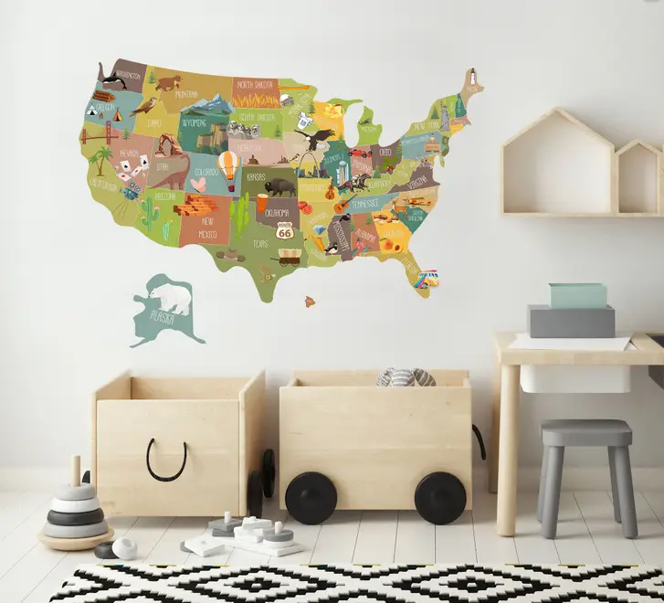 United States Map Wall Decal Sticker for Kids Room