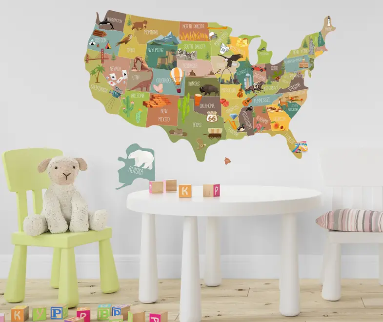 United States Map Wall Decal Sticker for Kids Room