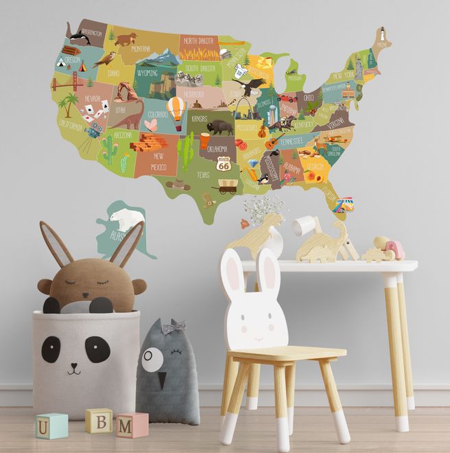 United States Map Wall Decal Sticker for Kids Room
