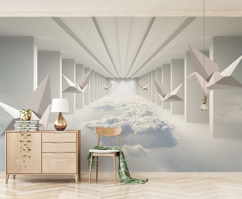 Abstract Corridor with Paper Plane Wallpaper Mural
