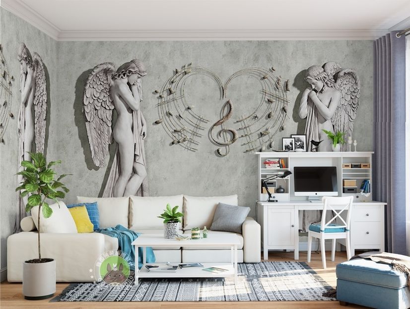 3D Look Angel Sculpture Wallpaper Mural
