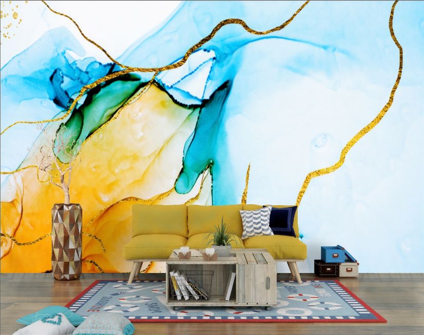Blue Yellow Watercolor Brush with Modern Lines Wallpaper Mural