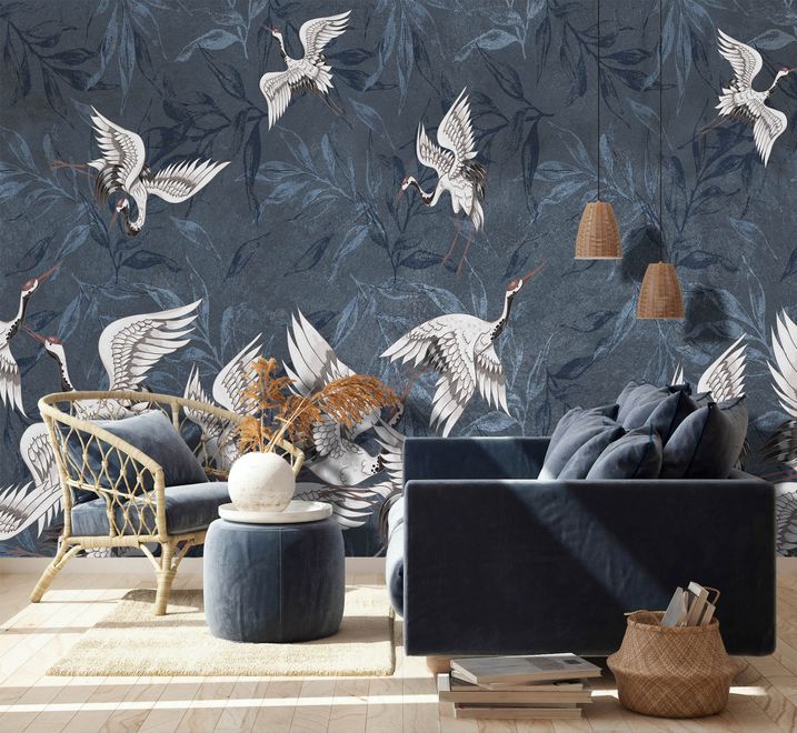 Dark Blue Grunge Style Leaves with Crane Birds Wallpaper Mural