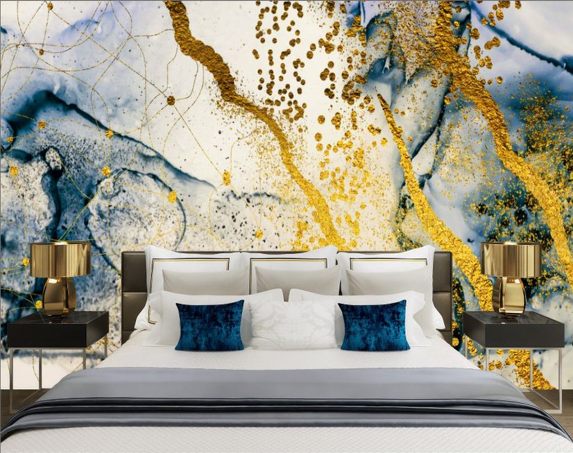 Dark Blue Ocean Brushes with Gold Style Waves Wallpaper Mural